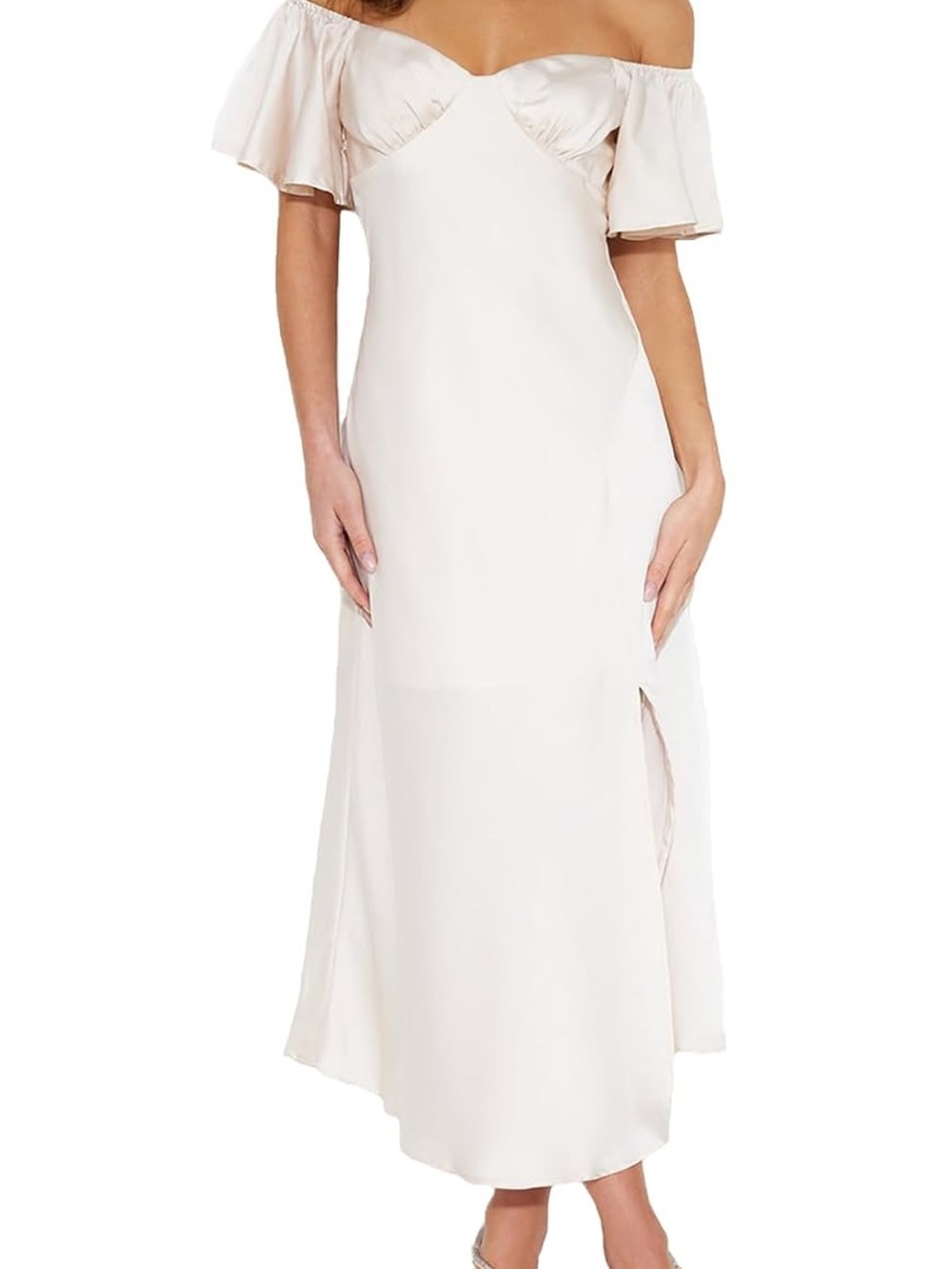 Off-Shoulder White Midi Dress with Flutter Sleeves - Phicia